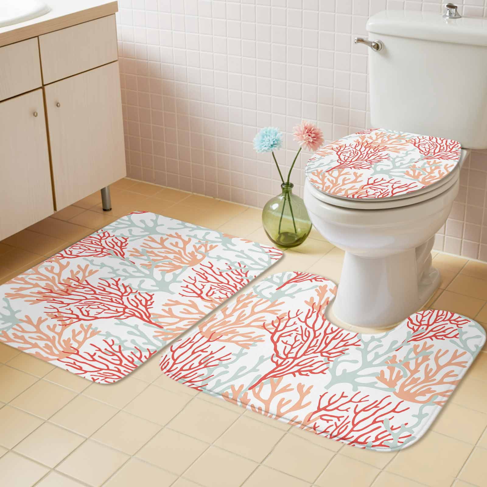 Red Orange Grey Coral Coastal Bath Mat 3 Piece Bathroom Rug Set, Summer Beach Seaside Nautical Non Slip Bath Rug Contour Mat and Toilet Lid Cover, Absorbent Shower Mats Soft Bath Rugs and Mats Sets