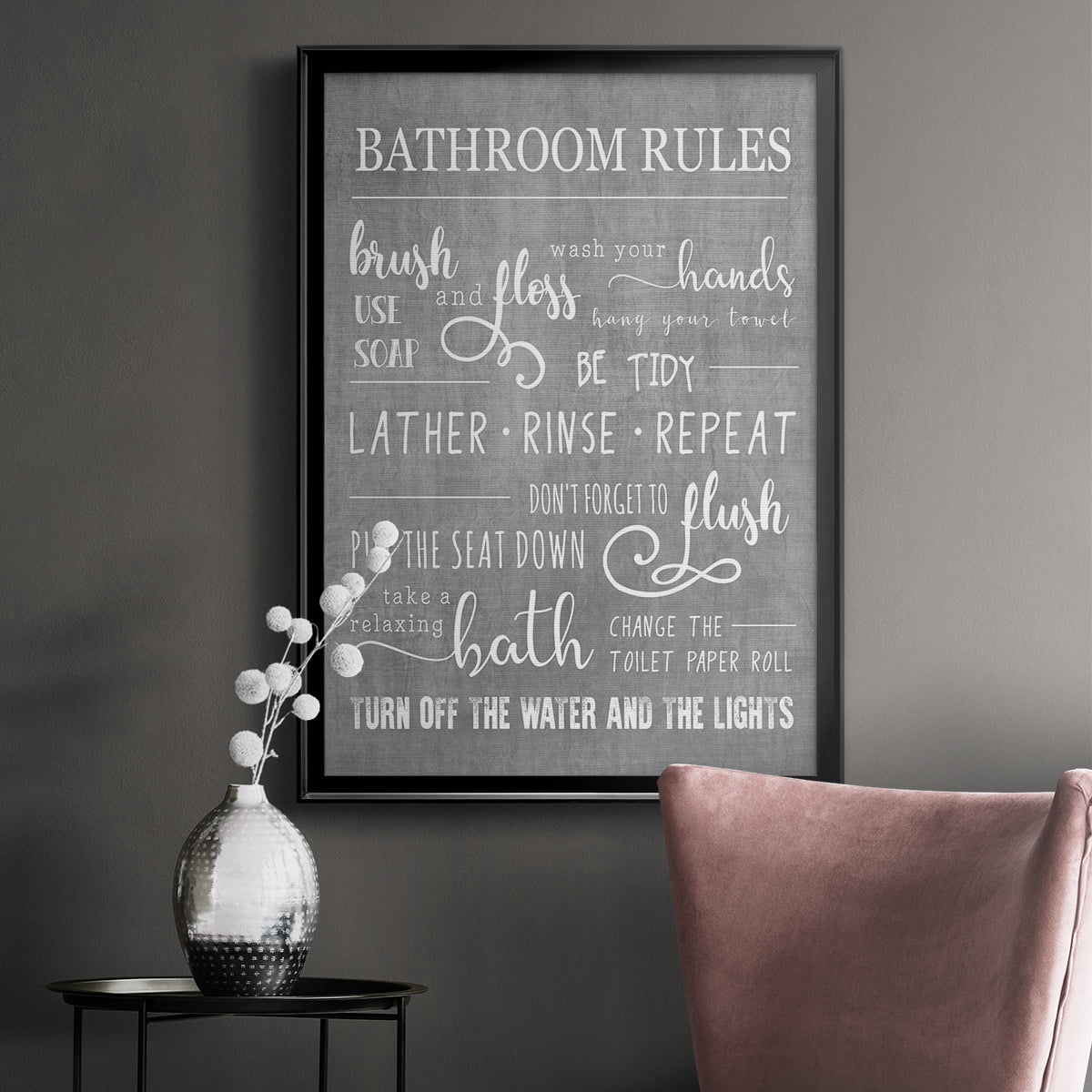 Neutral Bathroom Rules Premium Framed Print - Ready to Hang
