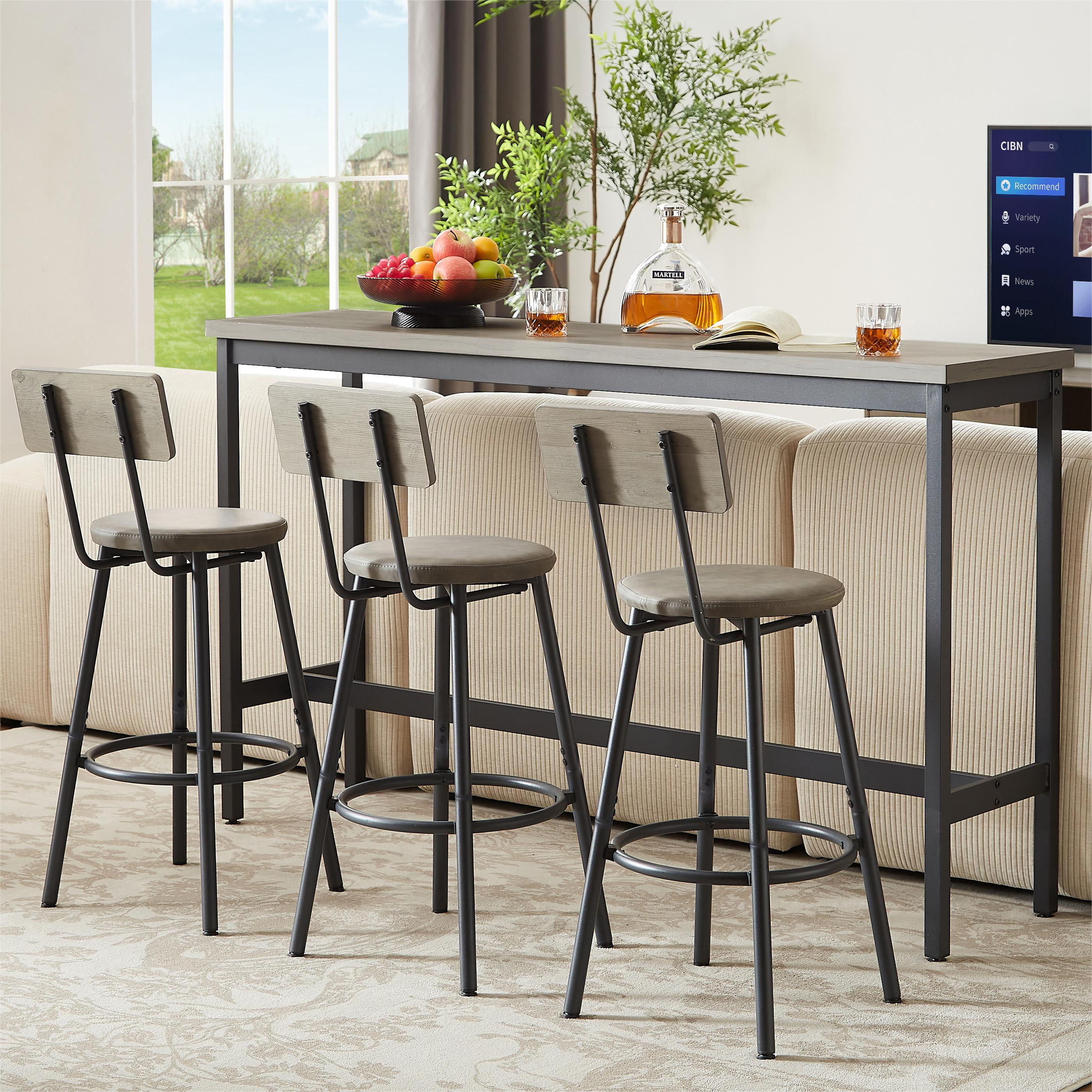 Long Bar Table Set with 3 PU Upholstered Stools, Industrial Bar Chairs for Kitchen Breakfast Table,Living Room,Banquet Hall, Rustic Gray, 63″L x15.7 W x 37.5" H