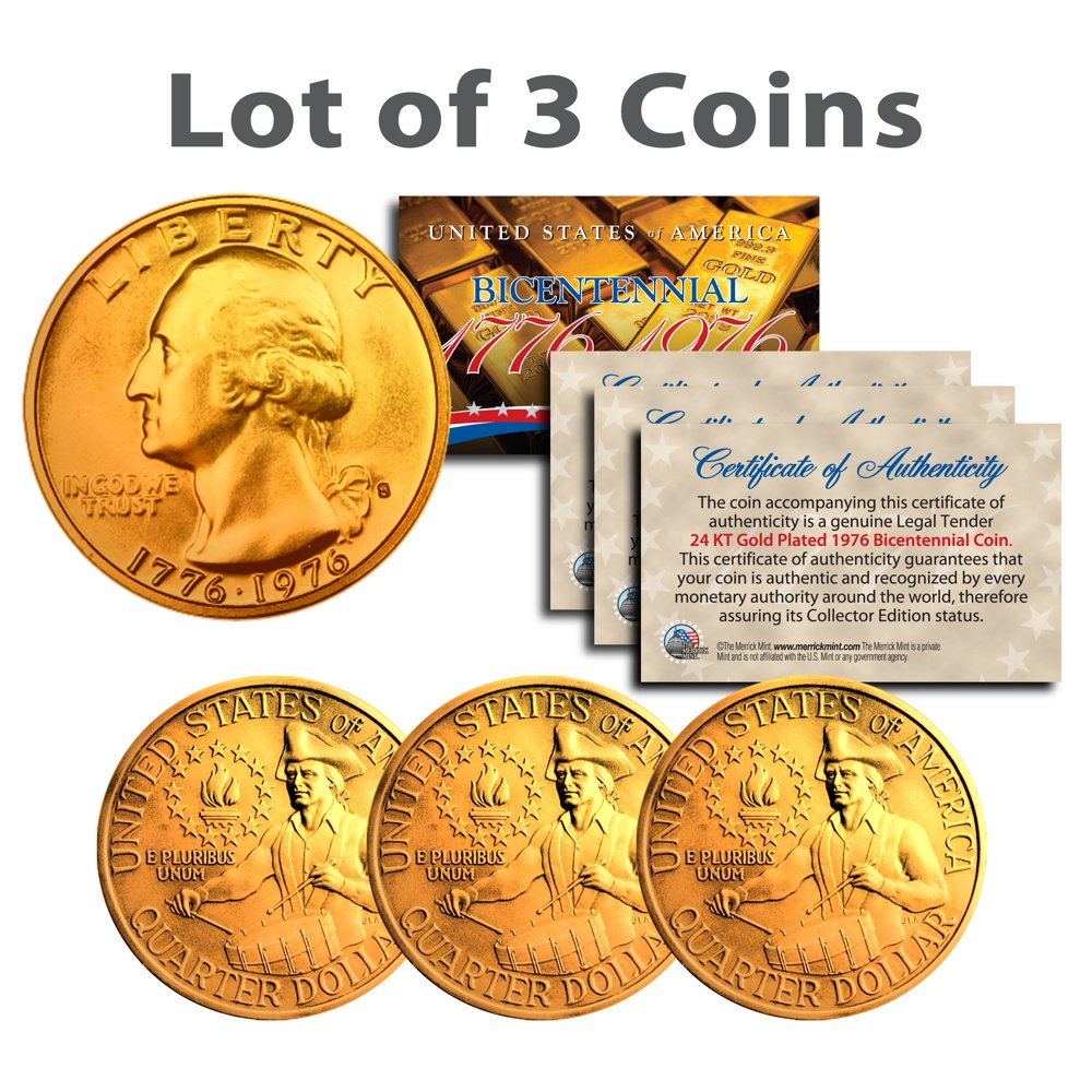 Bicentennial 1976 Quarters US Coins 24K GOLD PLATED w/Capsules & COA