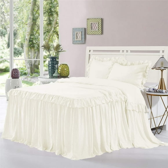 HIG 3 Piece Ruffle Skirt Bedspread Set Queen - Ivory Color 30 inches Drop Ruffled Style Bed Skirt Coverlets Bedspreads Dust Ruffles - Alina Bedding Collections - 1 Bedspread, 2 Standard Shams