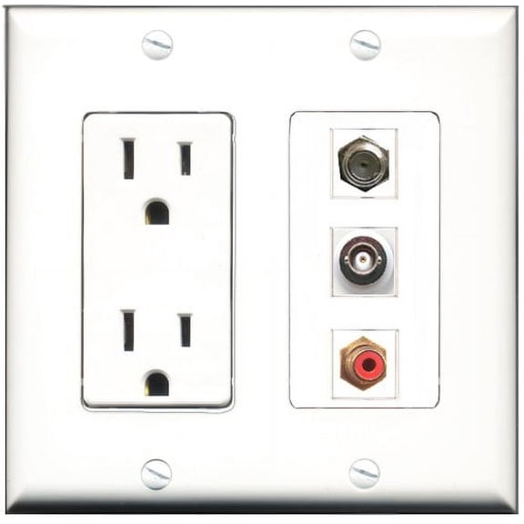RiteAV - 15 Amp Power Outlet 1 Port RCA Red 1 Port Coax 1 Port BNC Decorative Wall Plate