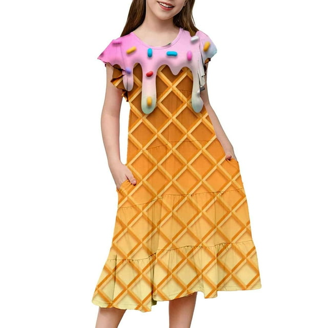 Liyamei Robe de Fête pour Adolescentes Manches Volantes Imprimés Fête de Vacances Robe de Princesse pour Enfants, 12-13 Ans