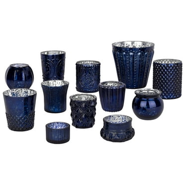 Koyal Wholesale Navy Blue Mismatched Votive Candle Holder Mega Set of 12 for Wedding Table Centerpieces, Home Decor