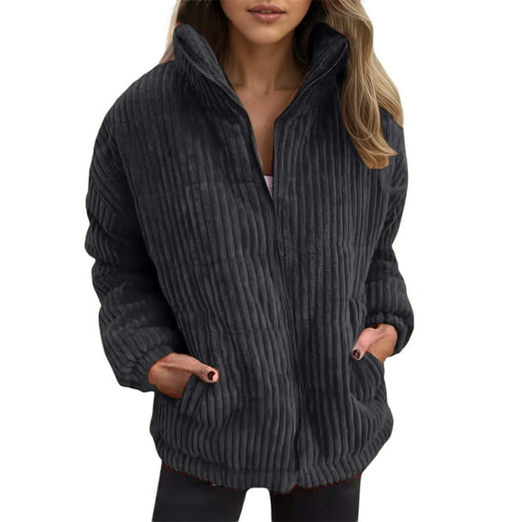 Women's Fall Jackets Corduroy Women Zipper Stand Collar Solid Oversize Short Padded With Pocket Lightweight Jackets