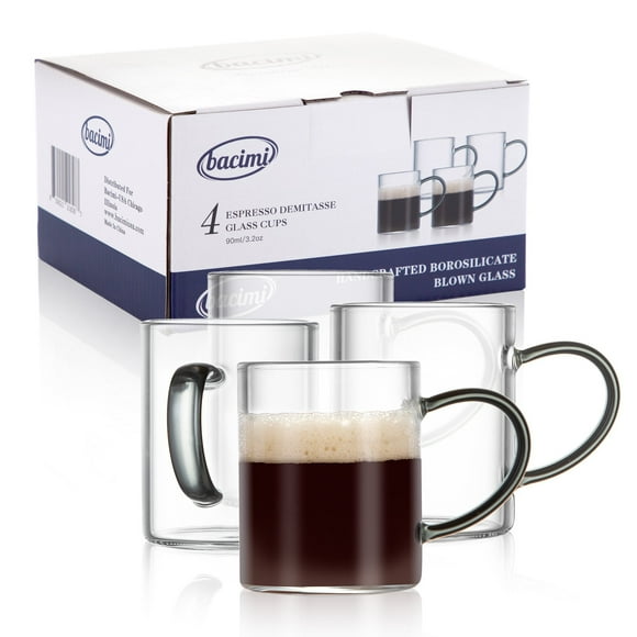 Bacimi Mini Tazas de Espresso Transparentes con Asas Ahumadas - Juego de 4 / 3 Oz / 90 ML - Vidrio de Borosilicato para Capuchino, Café y Bebidas Calientes - Aptas para Lavavajillas y Microondas