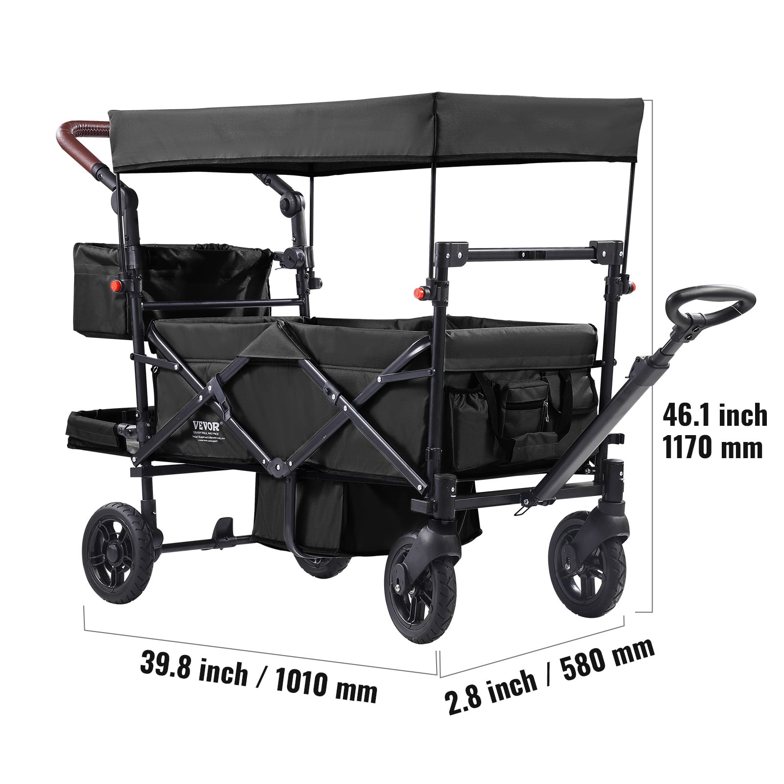 VEVOR Wagon Stroller for 2 Kids, Push Pull Quad Collapsible Stroller with Adjustable Handle, Encircling Harness Removable Canopy, 4 Wheels with Brakes, Mutifunction Tandem Stroller for Camping Black
