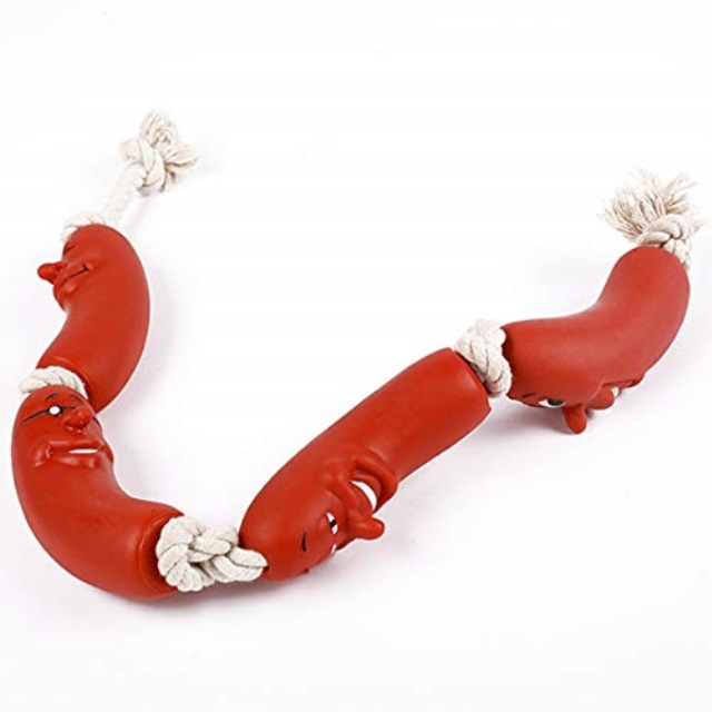 4 sausages on a white cotton rope 29 inches pet dog toy