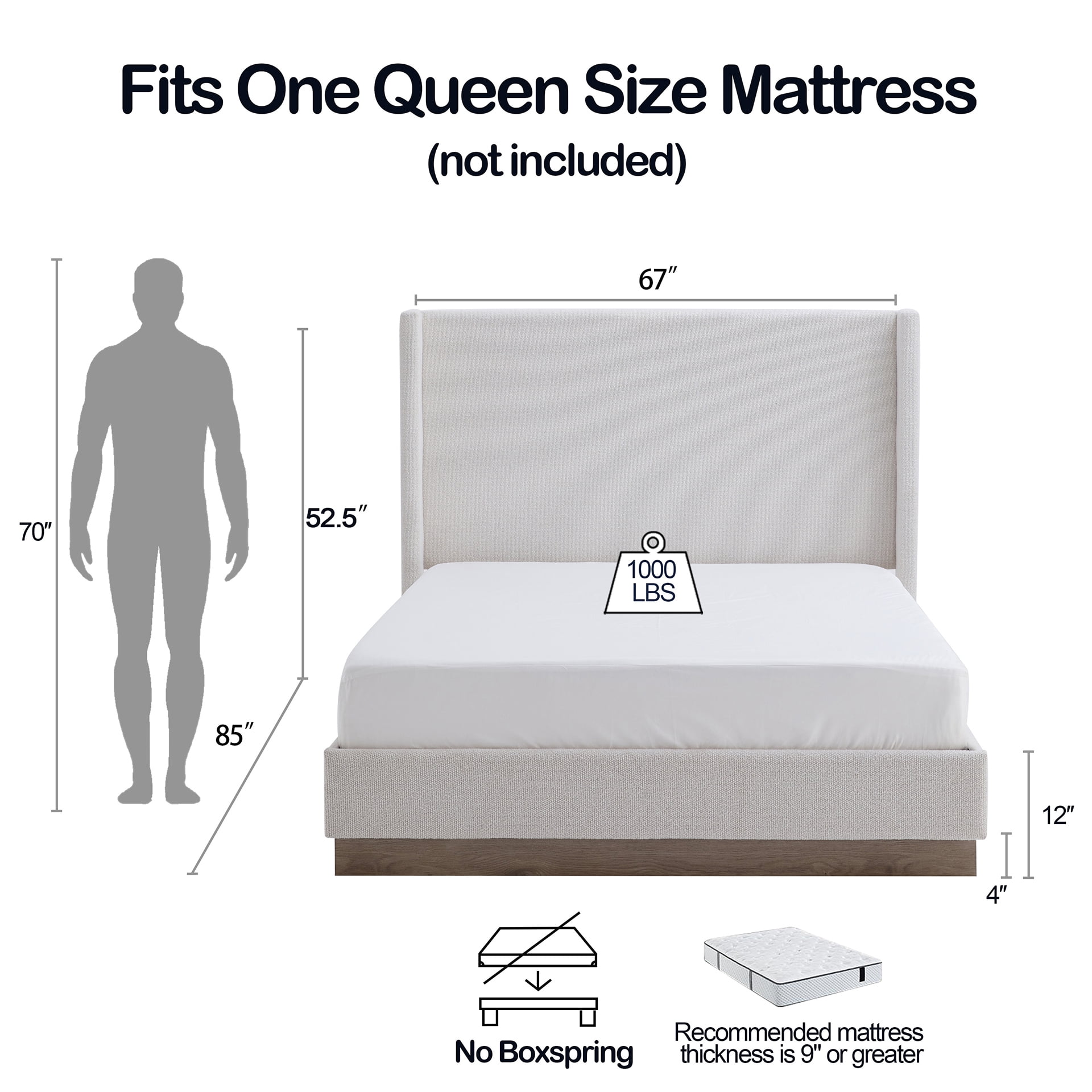 Miniyam Queen Size Upholstered Platform Bed Frame with Wingback Headboard for Adult