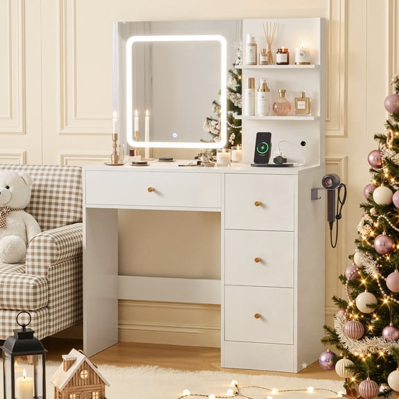 Makeup Vanity Desk with Mirror amd LED Lights, White Vanity Table with Charging Station, 3 Open Storage Shelves & 4 Drawers, Dressing Table with 3 Color Modes & Adjustable Brightness for Bedroom