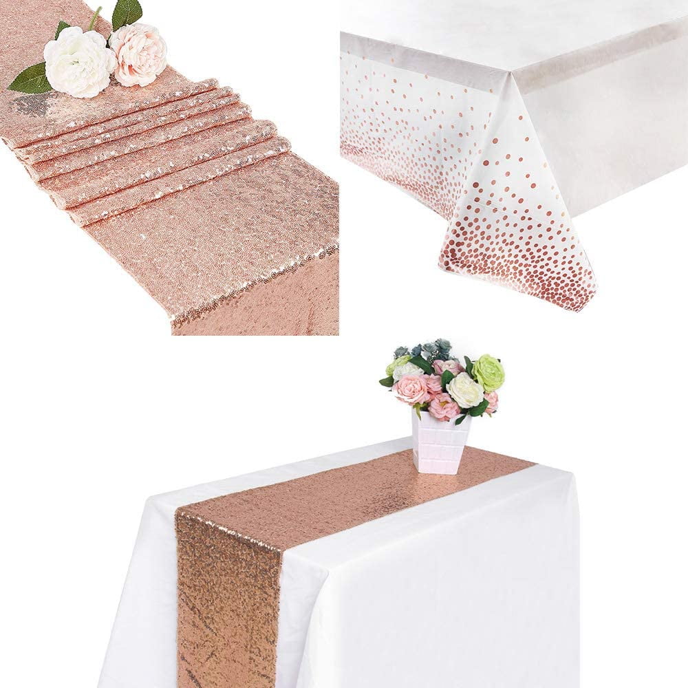 Rorchio 2 Pack Rose Gold Foil Tablecloth 54 x 108 Inch Shiny Plastic Table Cloth 