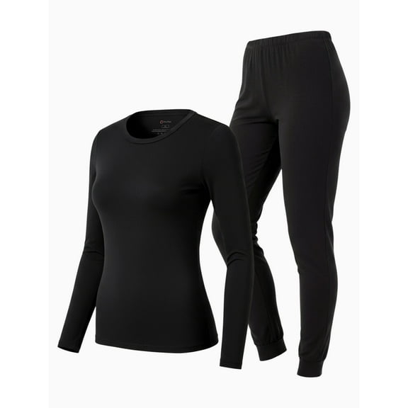 PatPat Women's Thermal Underwear Long Sleeve Warm Base Layer Top & Legging 2 Piece Set Loungewear with Soft Brushed Lining, Black, M
