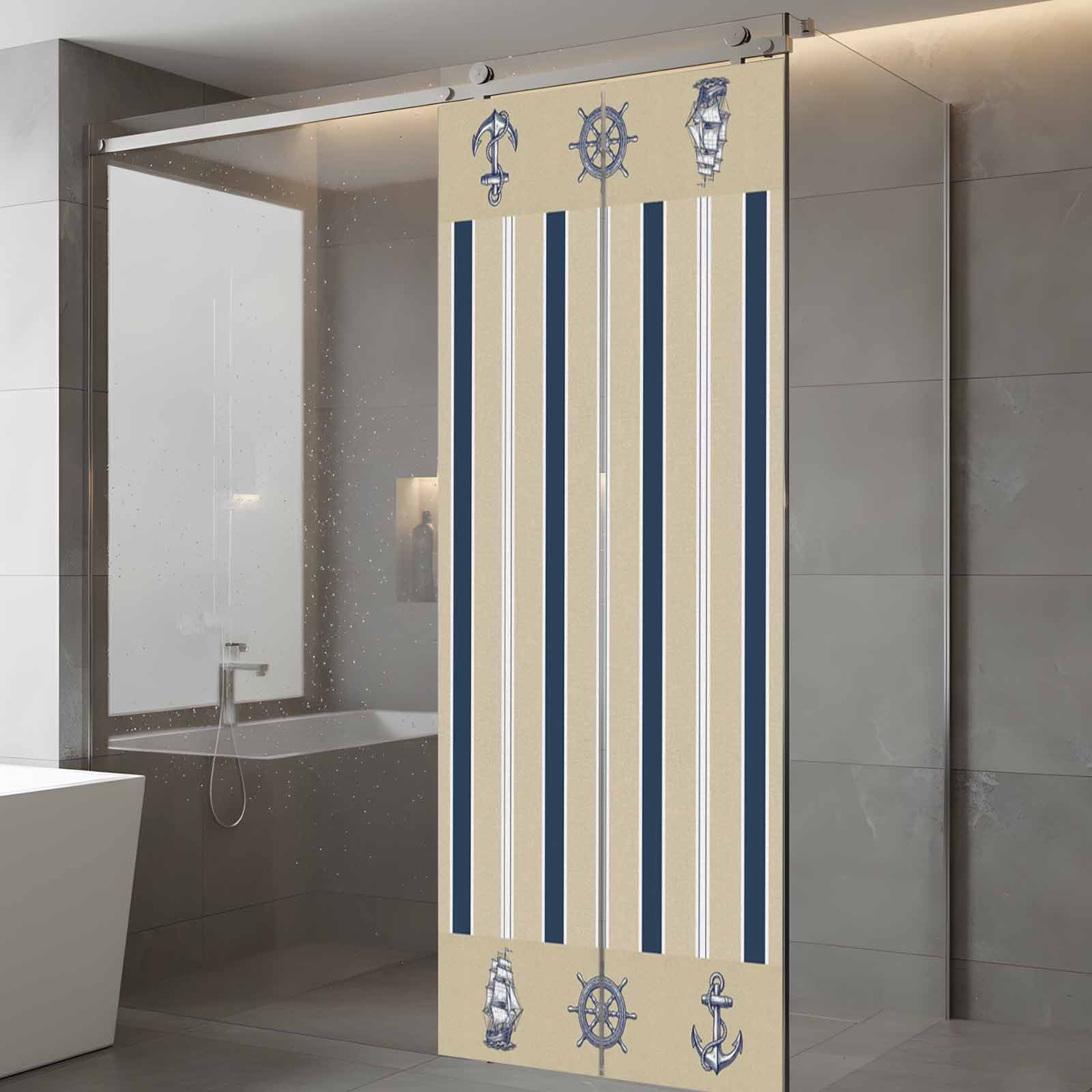 Summer Nautical Window Privacy Film, Ocean Sailboat Rudder Coastal Anchor Stripes Texture Frosted Glass Window Clings Static Cling UV Heat Blocking Reusable Door Sticker for Bathroom 23.6 x 59 Inch