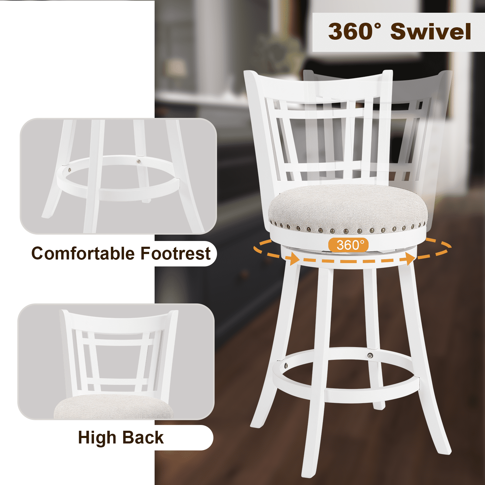 26 Inch Swivel Bar Stools Set of 2 Rotated Counter Height Barstool with High Back Fabric Upholstered Kitchen Island Stools Chair for Home Bar, Black