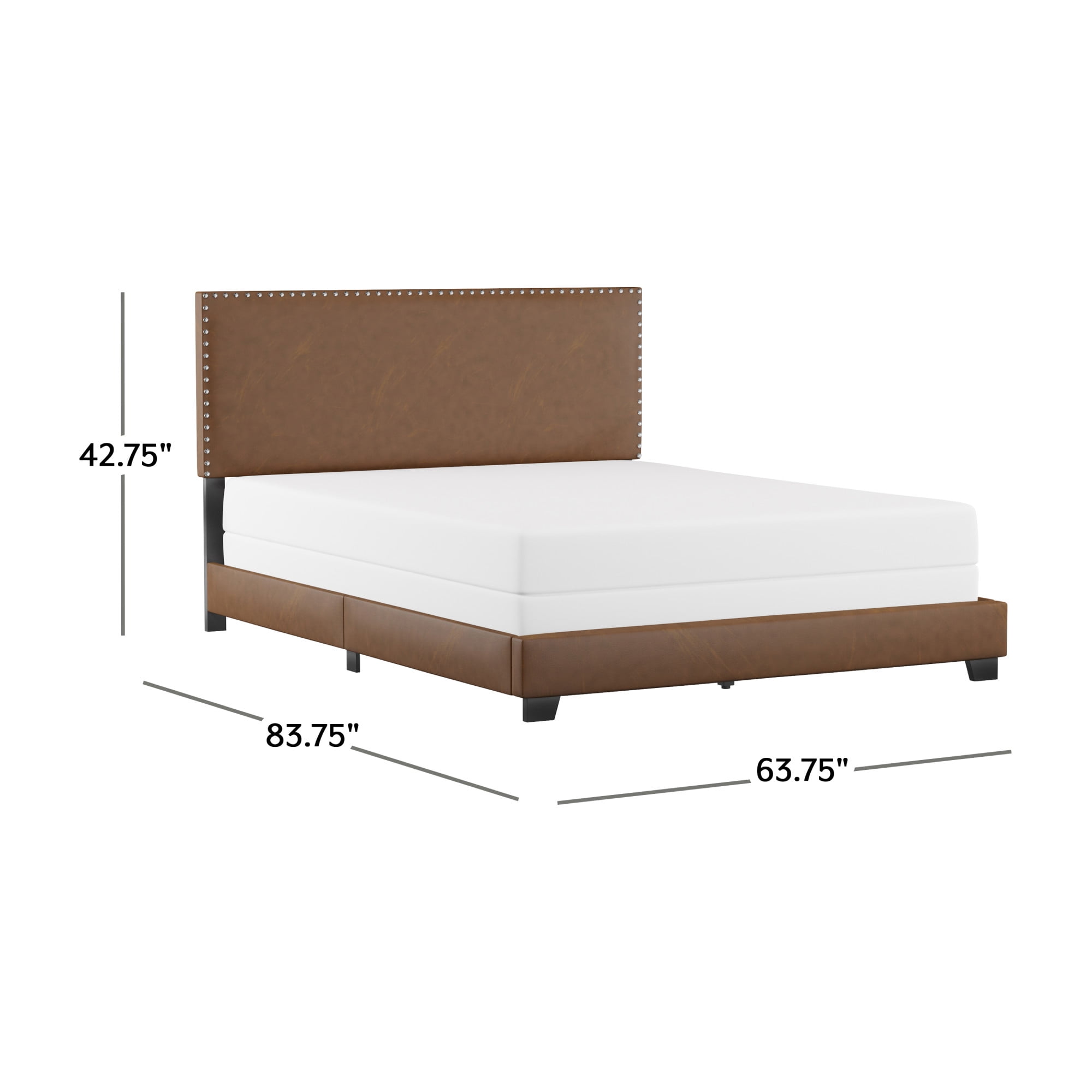 Willow Nailhead Trim Upholstered Queen Bed, Saddle Brown Faux Leather