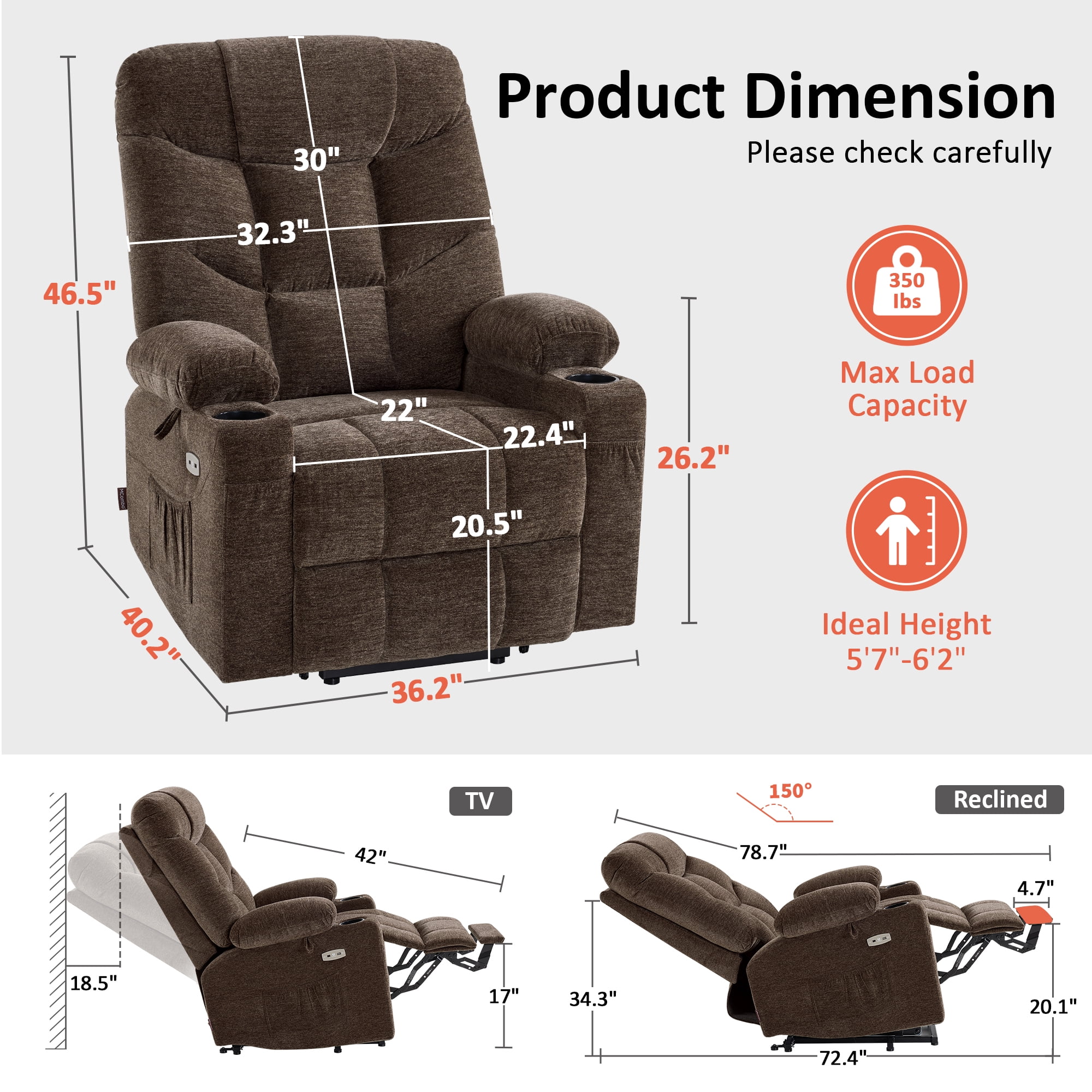 MCombo Large Power Lift Recliner Chair with Extended Footrest for 5'7"-6'2" Elderly People, Fabric, Brown
