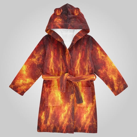RMDQTR Hooded Fleece Bathrobe with Removable Belt and Pockets Soft and Absorbent for Home, Pool, Beach, Halloween, and Christmas Wear Dynamic Fire Flame Pattern