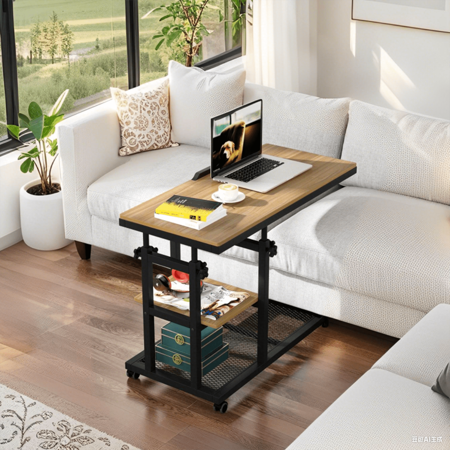Fnova Mobile Side Table with Wheels, Snack Tray, Height-Adjustable C-Shape Desk, Tiltable Drawing Board, Laptop Stand, Storage Shelves for Living Room, Bedside Table for Couch