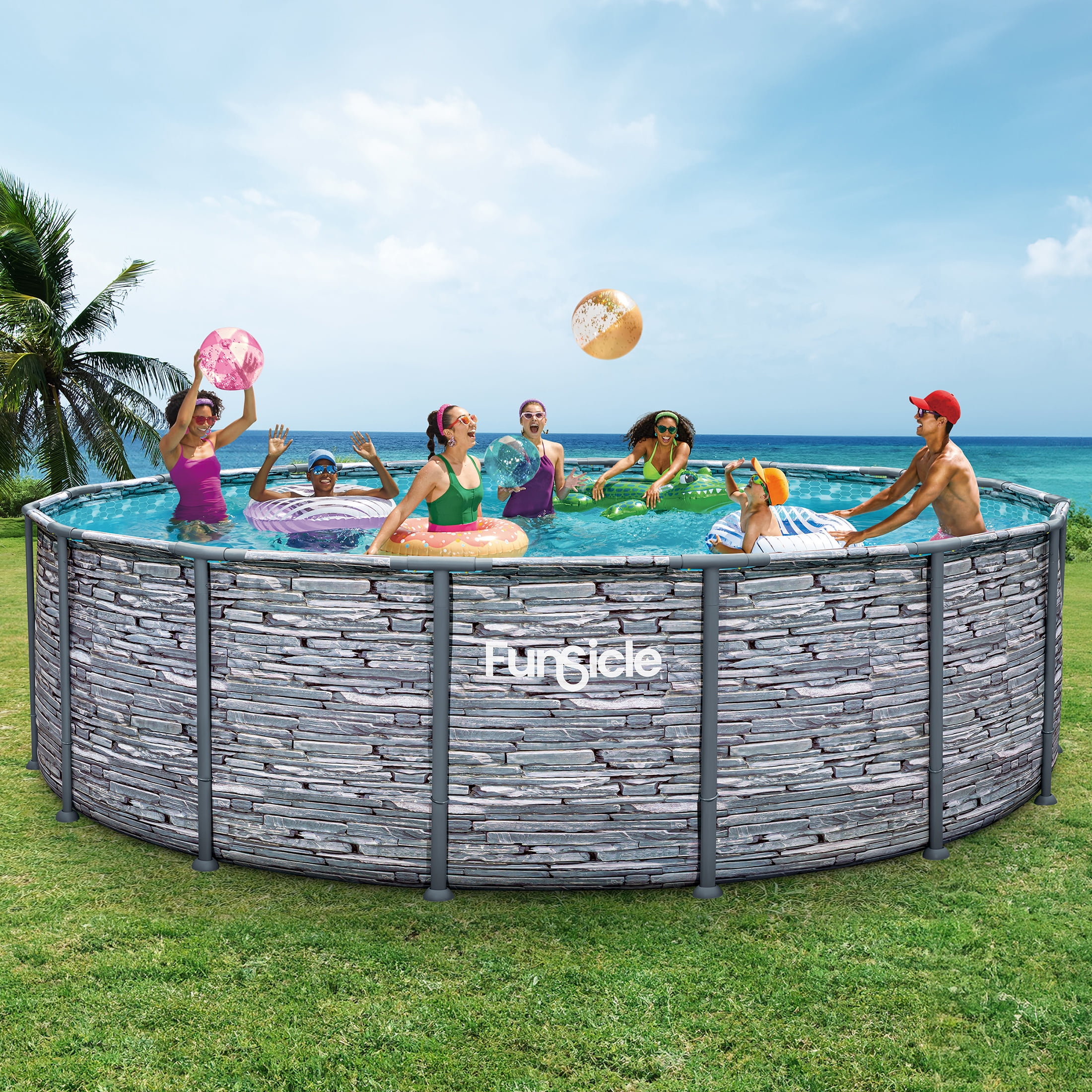 Piscine hors terre Funsicle Oasis Designer de 4,88 m x 1,22 m, structure métallique, pompe de filtration et écumeur 2 en 1, à partir de 6 ans