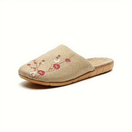 

Women s Floral Embroidered Linen Slippers Closed Toe Breathable Slip On Flat Shoes Lightweight Indoor Slippers
