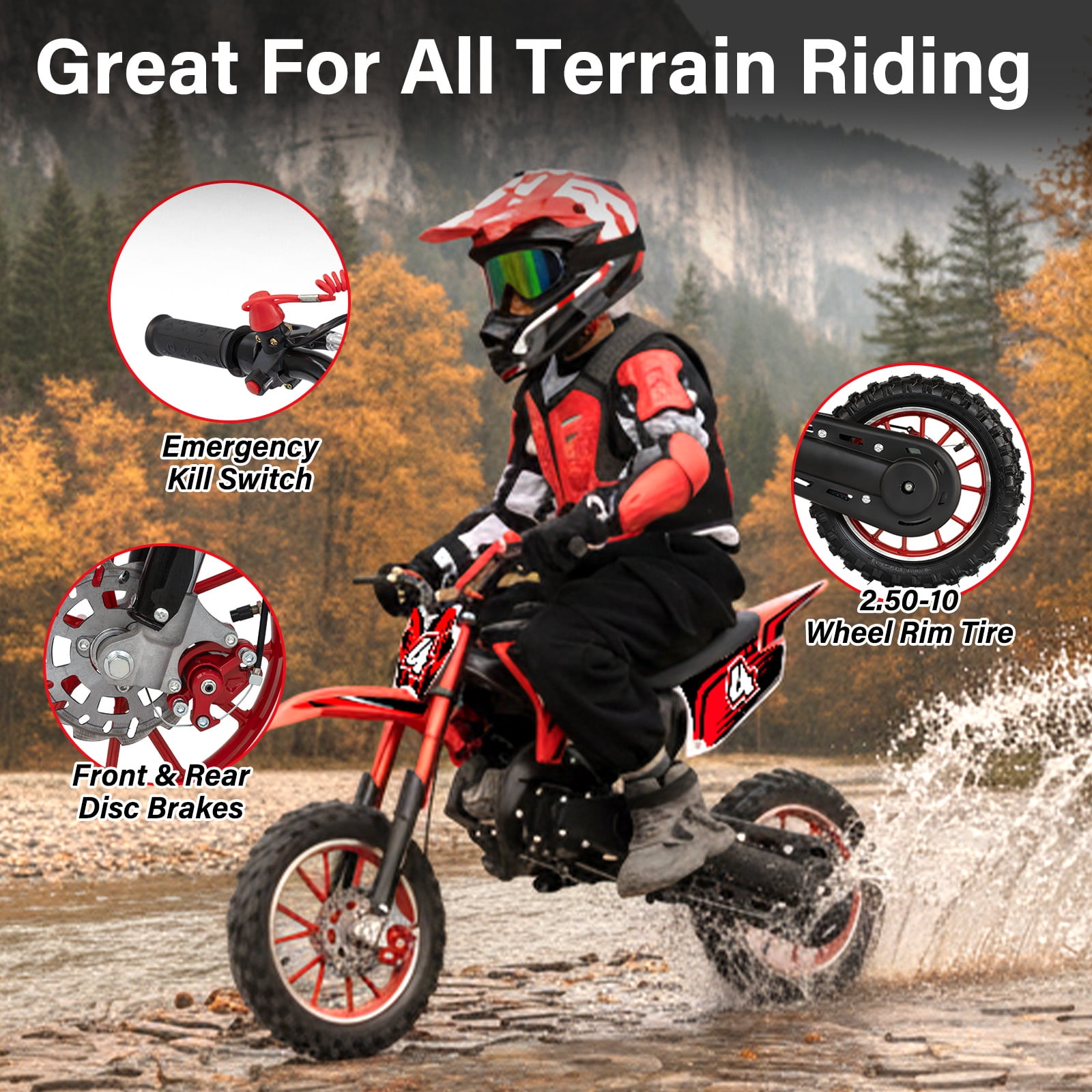 Kids Dirt Bike 49cc Gas Powered - 2-Stroke Off-Road Motorcycle for Ages 13+, 28 MPH Max Speed with Shock Absorber & Dual Disc Brakes，Kill Switch, Max Load 220LBS, with Armor, Black