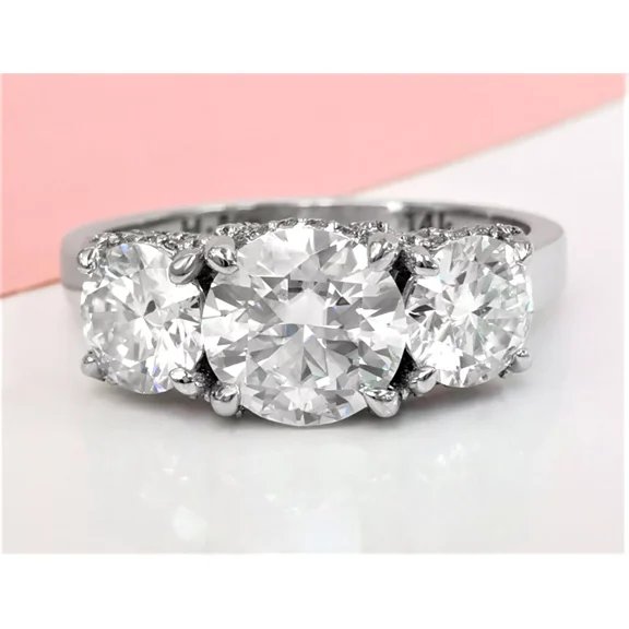 4.20Ct Round Moissanite 3-Stone Wedding Engagement Ring Real 925 Sterling Silver