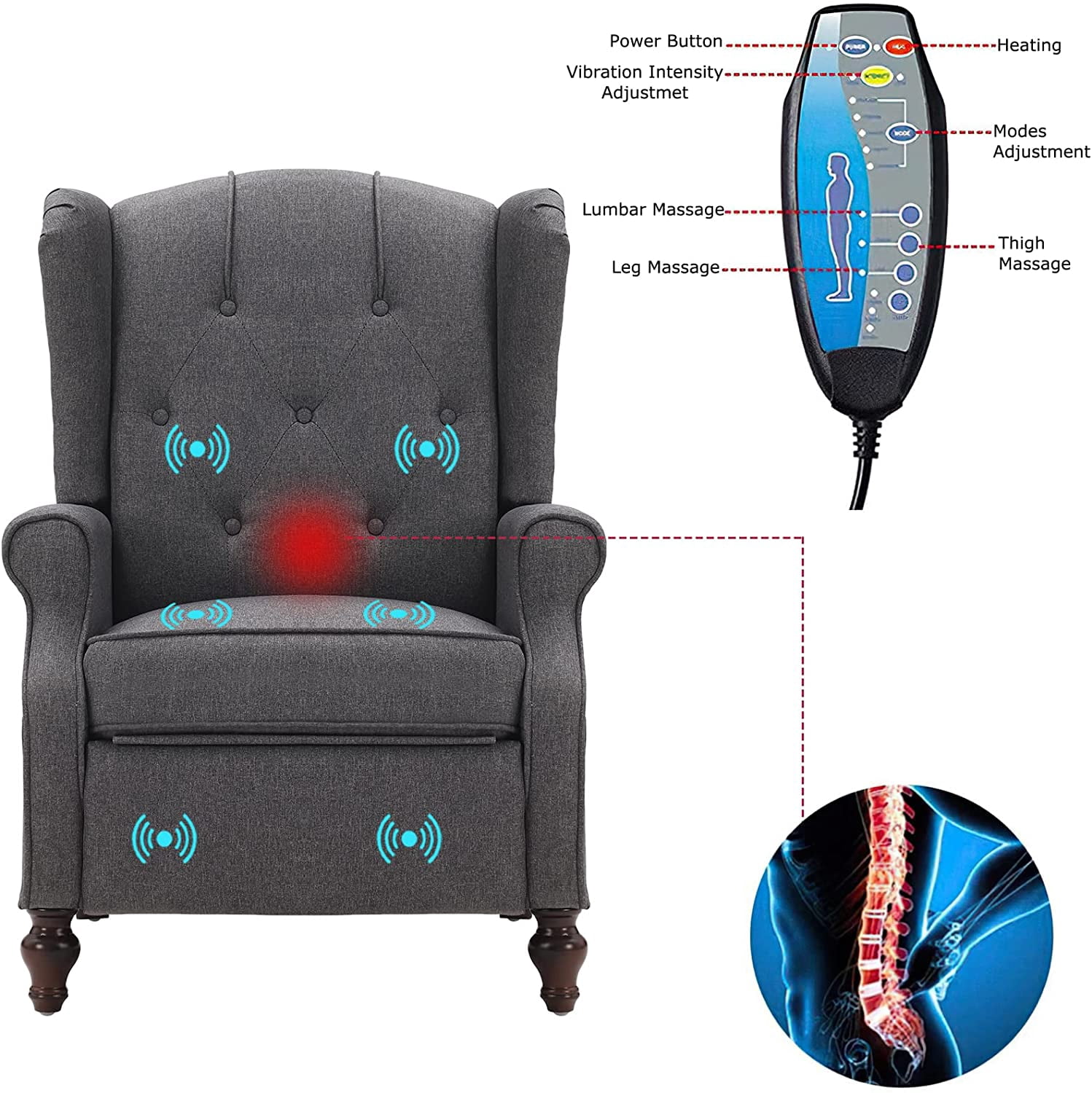 LVUYOYO Fabric Wingback Recliner Push Back Chair with Heat and Massage, Gray