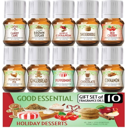 Holiday Desserts Good Essential Fragrance Oil Set (PACK OF 10) 5ml Set - Peppermint, Apple Cinnamon, Hot Chocolate, Cherry, Pumpkin Pie, Candy Cane, Gingerbread, Snickerdoodle, Cinnamon, Brown (Best Way To Soften Brown Sugar)