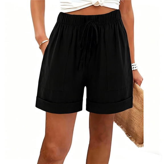 Women's Rolled Hem Linen Bermuda Shorts Elastic High Waist Drawstring Casual Loose Fit Summer Comfy Shorts Holiday Short Pants