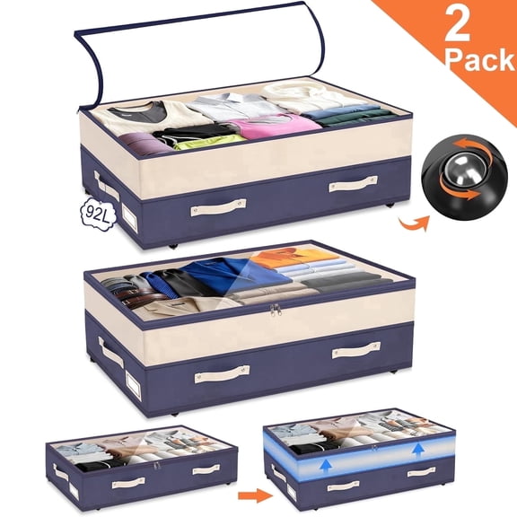 Natubeau 2 Pack 92L Under Bed Storage Containers with Wheels, Adjustable Height Organizer with Clear Top & Label Holder, Blue