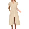 thumbnail image 2 of Ailaofu Women's Solid Color Fold V Neck Front Zip Elegant Comfort Midi Dress with Functional Pockets, 2 of 7