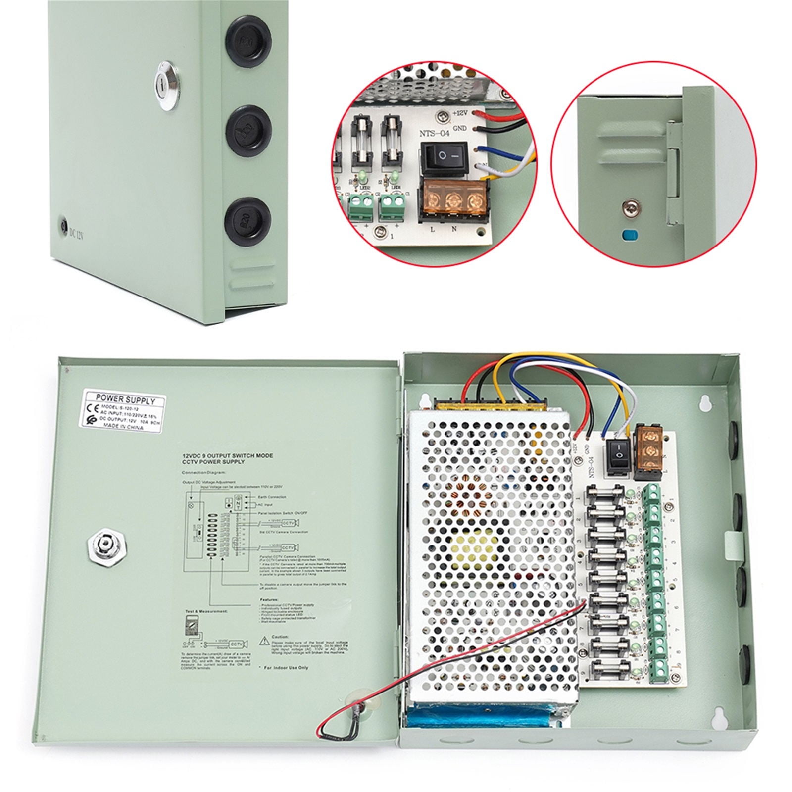 9 Channel 12V DC 10A Security Camera Power Supply Box,Distribution for