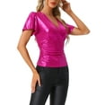 thumbnail image 4 of INSPIRE CHIC Women's Top V Neck Ruffle Short Sleeve Shiny Metallic Wrap Party Blouse M Hot Pink, 4 of 6