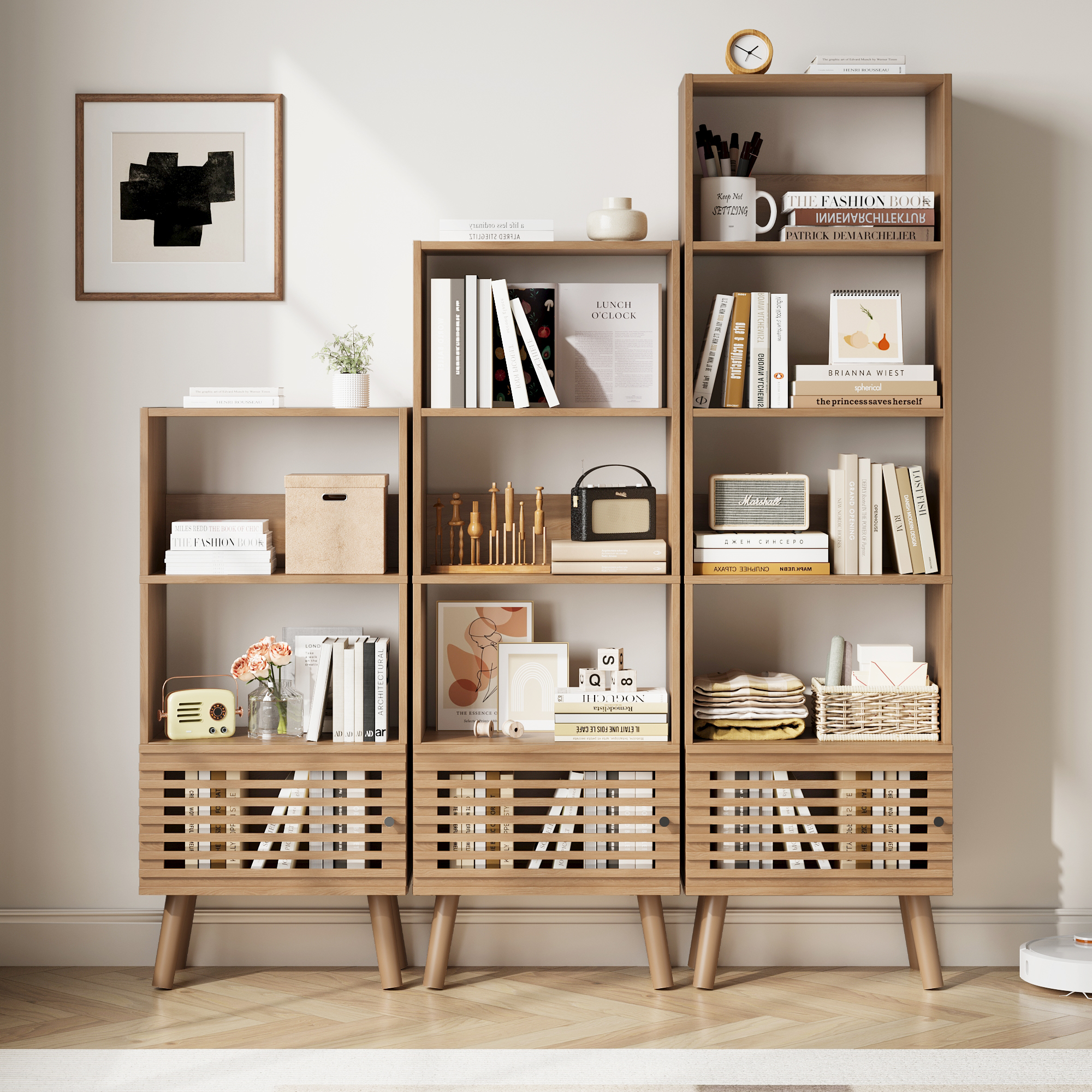 43" H Open Shelf Cube Bookshelf with Slatted Door, Mid-Century Small Bookcase with 3 Cubes, Open Shelves Display Storage Cabinet for Living Room, Home Office, Oak