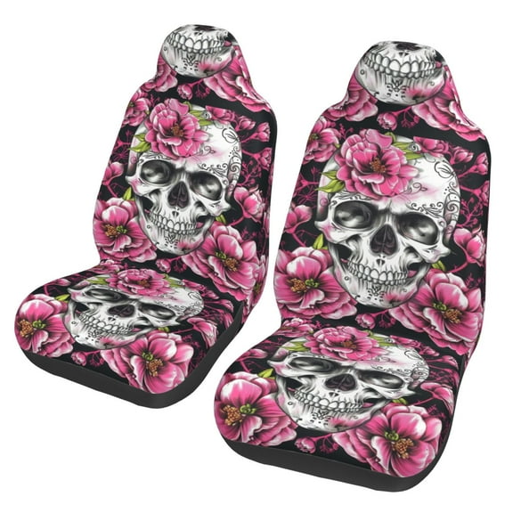 KAKALAD Sugar Skull Skeleton Flower Pink 05 Car Accessories Seat Covers Set Vehicle Seat Covers Universal Front Seats Protector 2 Pcs