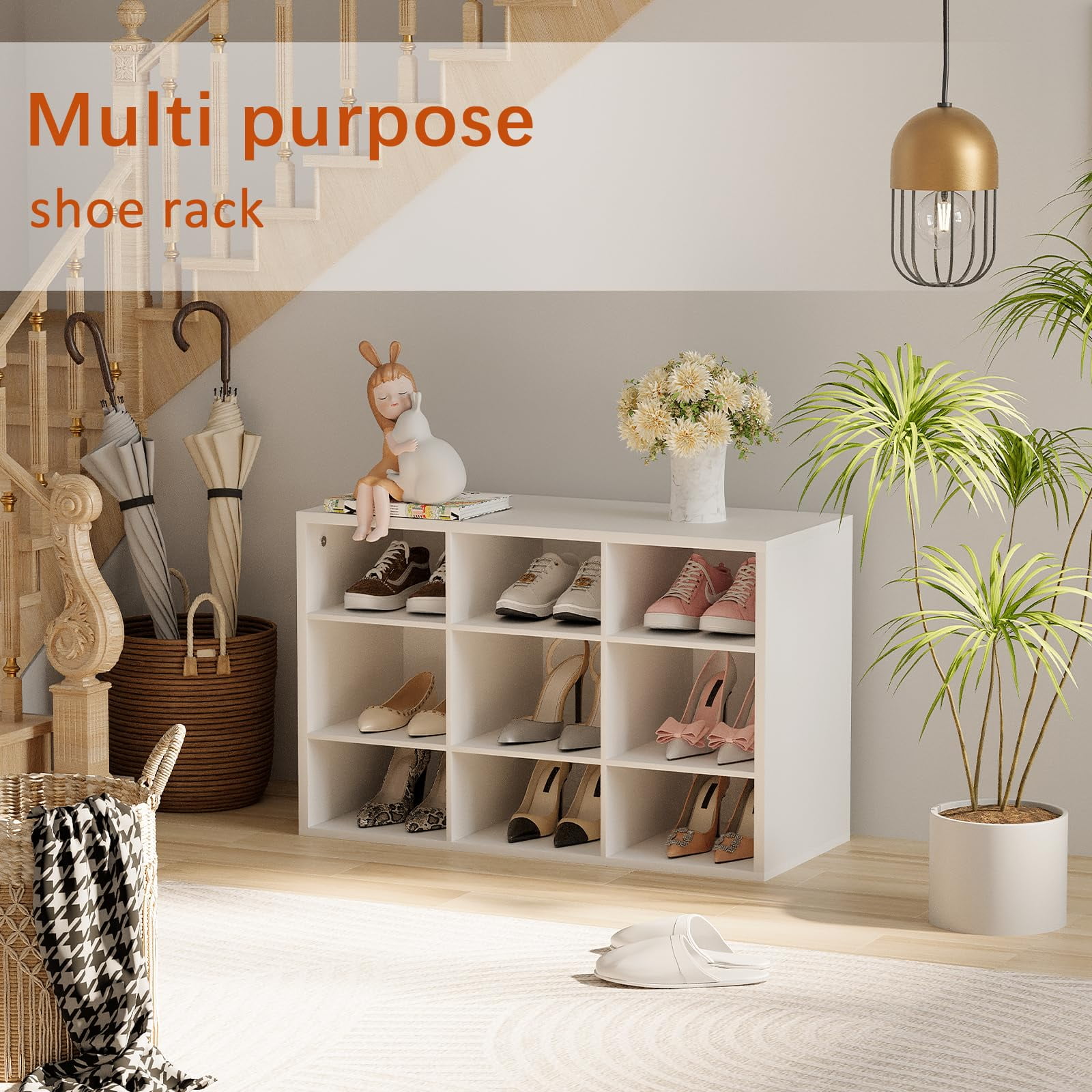 Shoe Storage Bench, Cubby Shoe Rack with 9 Cubbies, 3-Tier Wood Shoe Rack Organizer, Shoe Organizer Cabinet for Entryway, Hallway, Closet and Garage, White