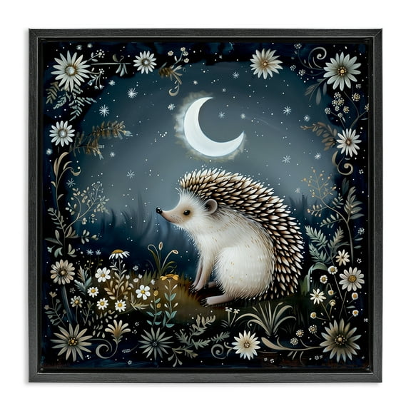 Stupell Industries Hedgehog Under Forest Moon Animals Painting Black Floater Framed Canvas Art Print Wall Art, 18 x 18