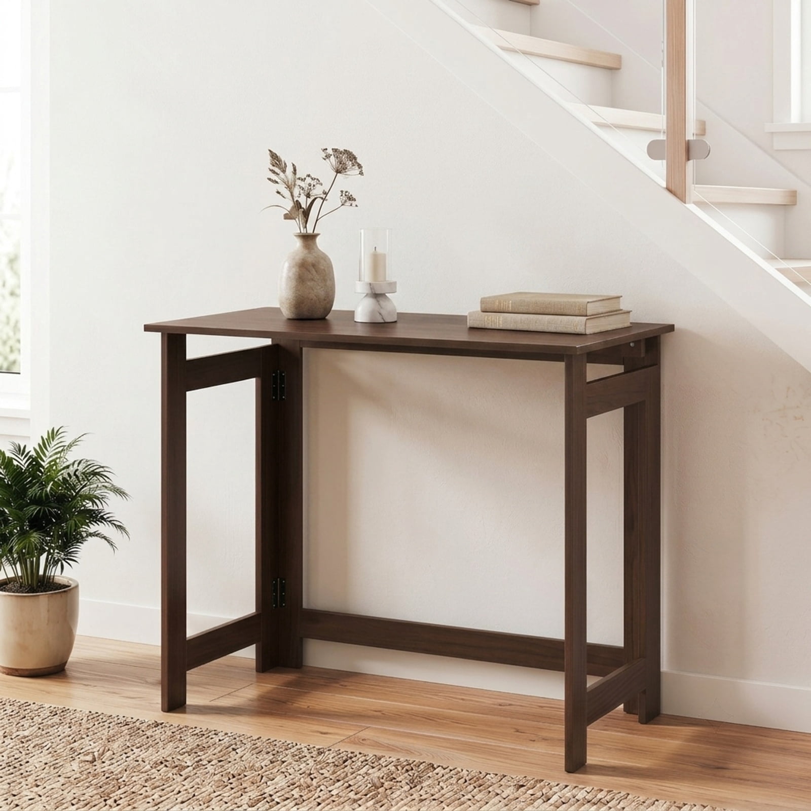 Furnibear Folding Console Table with Foldable Legs Narrow Sofa Entryway Table for Hallway Entrance and Behind Couch Space Saving, Brown