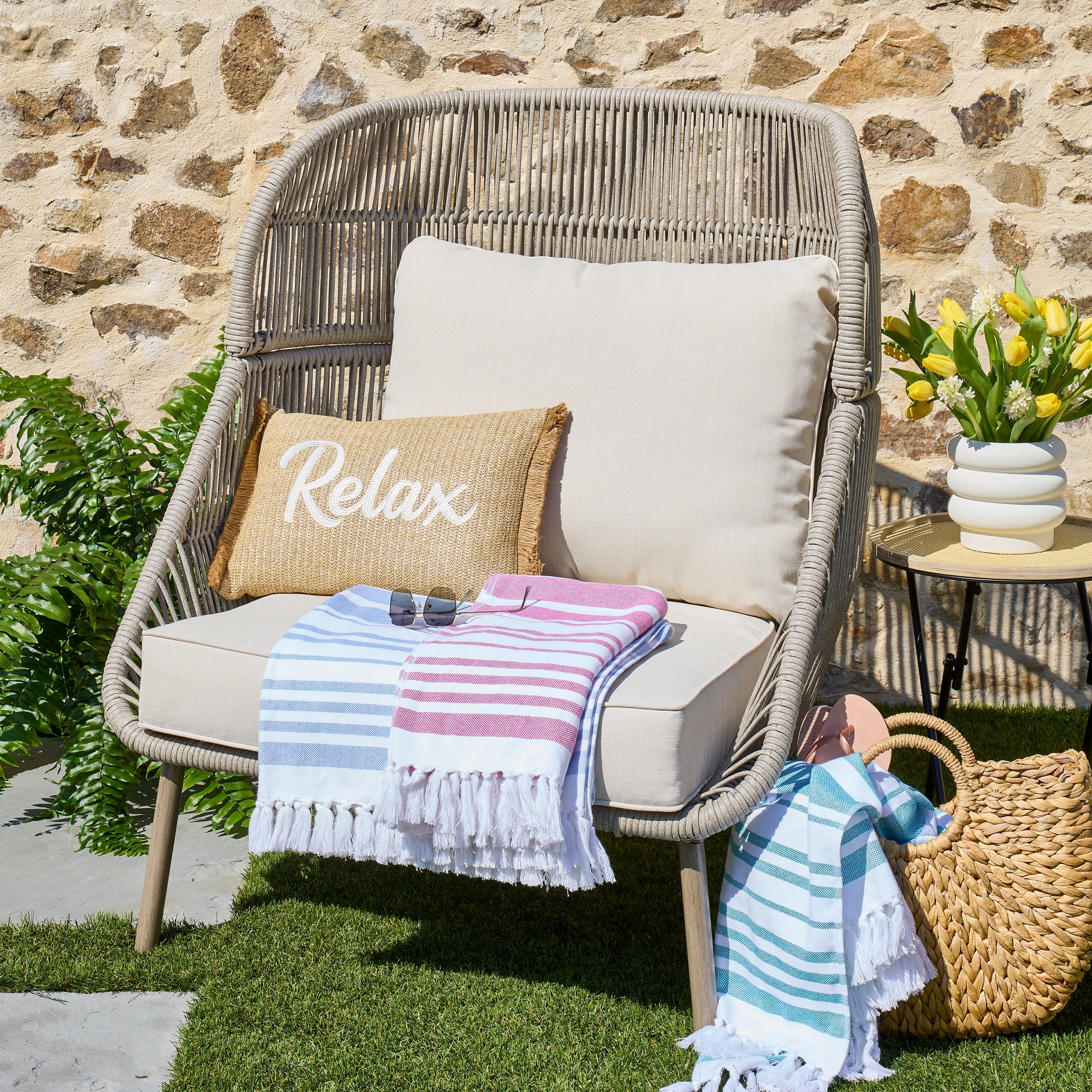 Better Homes & Gardens Tarren Beige Wicker Outdoor High-Back Accent Chair with Cushions