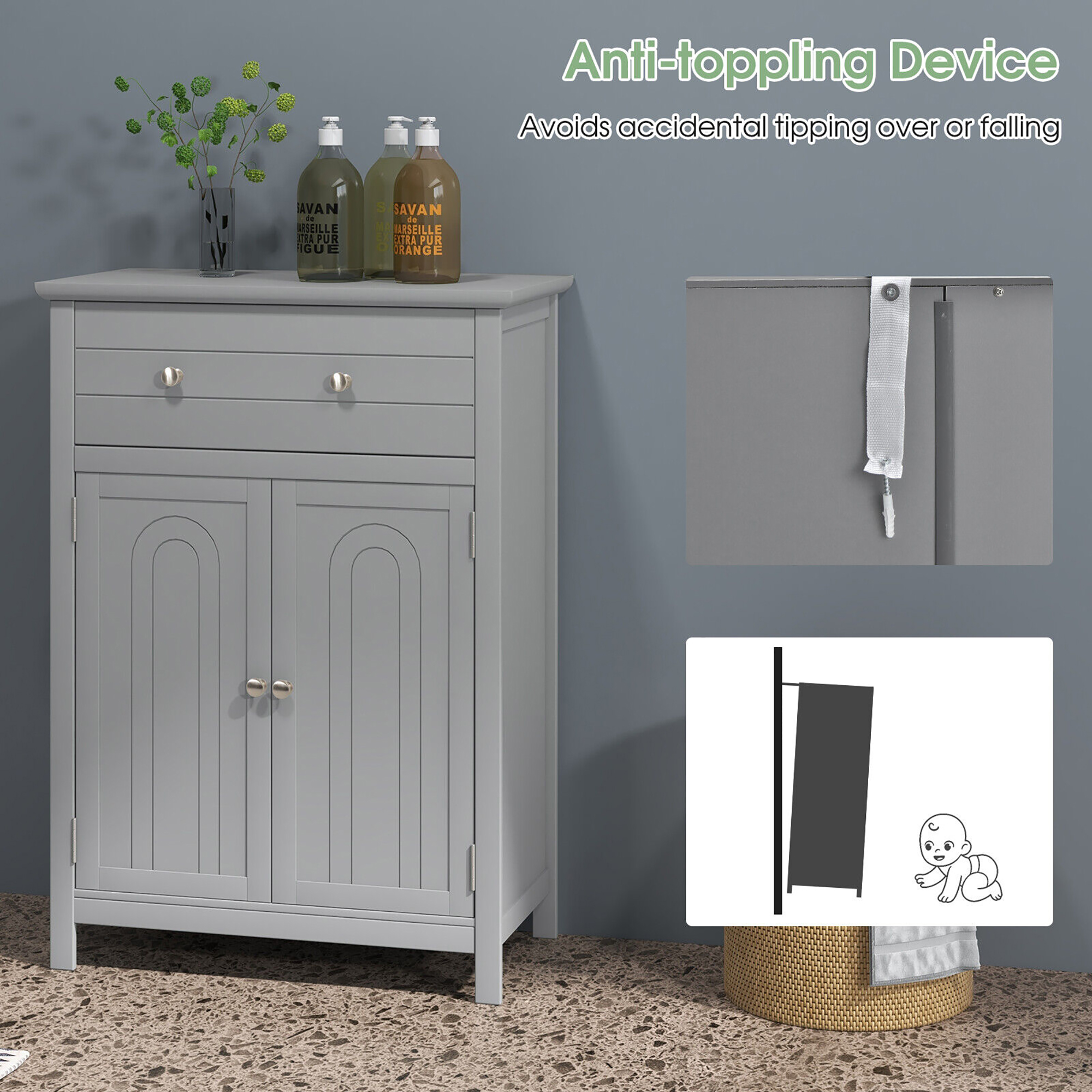 Gymax Bathroom Floor Cabinet Wooden Storage Organizer with Drawer & Doors Blcak