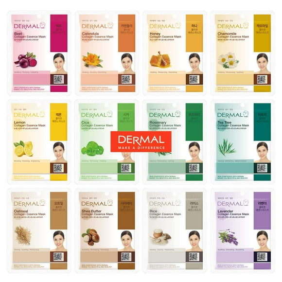 DERMAL Ensemble de 12 Masques Combo Nouvelle Valeur Masque Frais à l'Hyaluronate de Sodium et au Collagène Hydrolysé Meilleur Masque de Soin de la Peau Coréen Sans Parabène