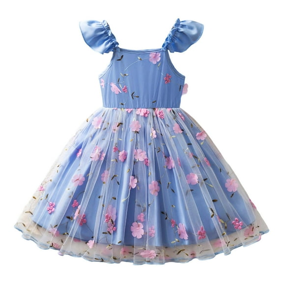 Rggeeun Girls Dresses Floral Embroidered Mesh Party Dress With Flutter Sleeves And Straps Toddler Kids Soft Casual O-Neck Sundress