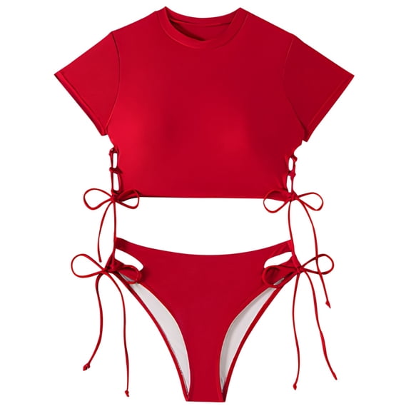 LIUJUNSHOP Women Swimsuits Short Sleeve Bathing Suit Solid 2 Piece Drawstring Swimwear