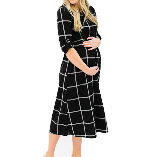 Women's Plaid Printed Maternity Pajama Set Plus Size, Casual Loose Nursing  Boho Chic Tie Long Dress Onesie P'js - Walmart.com