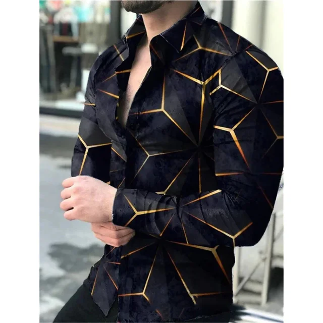 Camisa casual de fiesta para hombre , camisa social de lujo para hombre, camisa con botones de solapa, camisa casual con estampado de manga larga, ropa para hombre