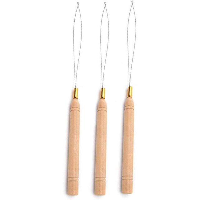 3 piezas de bucle de extensión de cabello, herramienta de gancho de aguja y herramienta de dispositivo de cuentas para extensión de cabello o plumas - madera y acero inoxidable