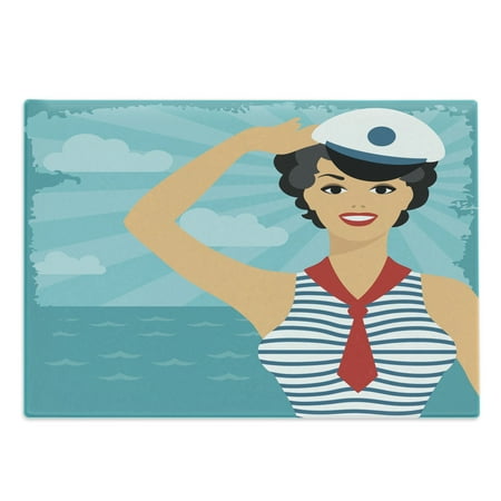 

Pin up Girl Cutting Board Cheerful Sailor Girl Wearing Nautical Captain Cap and Striped Shirt Decorative Tempered Glass Cutting and Serving Board in 3 Sizes by Ambesonne