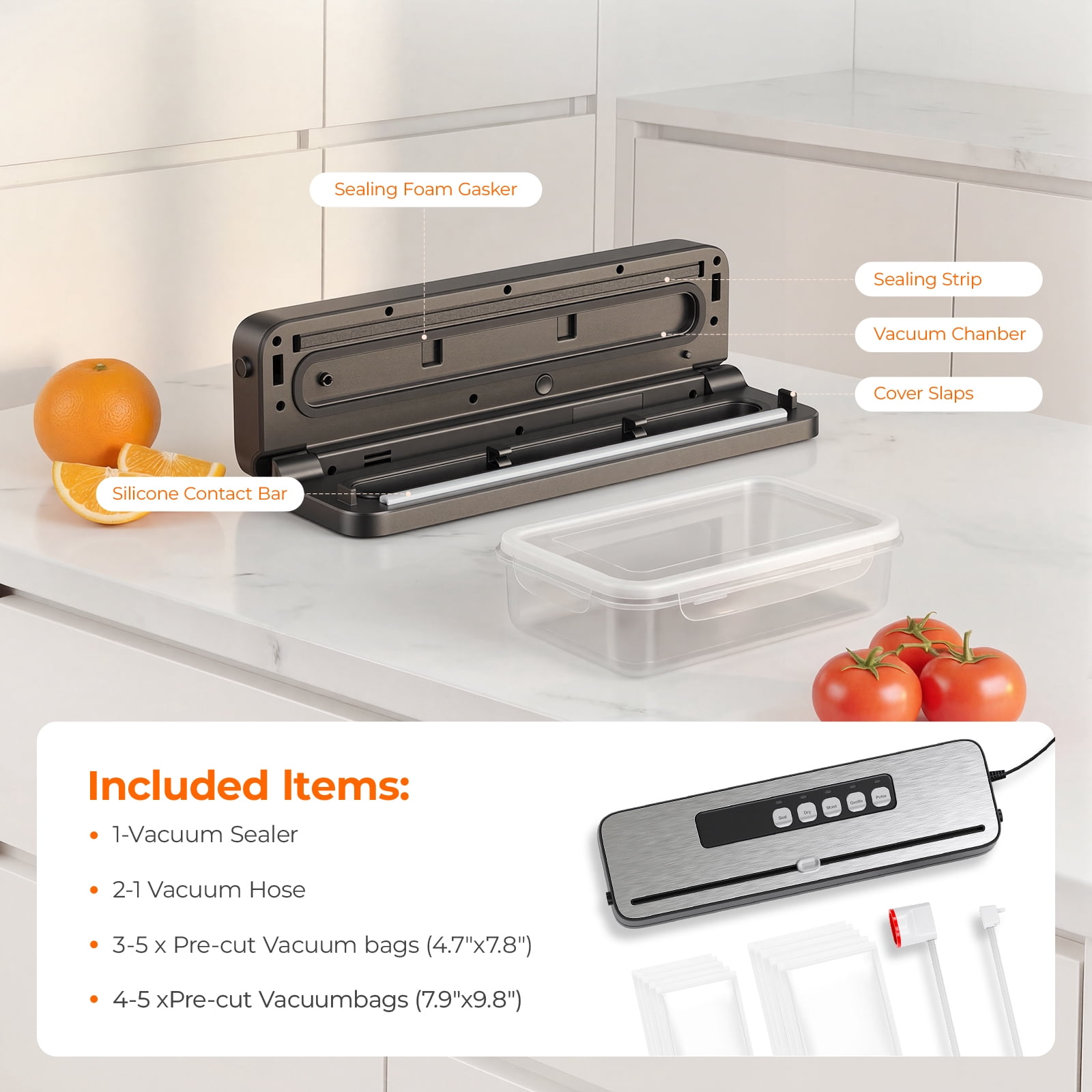 RUIE Vacuum Sealer Machine for Food with 20 Bags,60KPa Automatic Air Sealing Food Saver with Dry and Moist Food Modes,Led Indicator Lights, Easy to Clean, Compact Design
