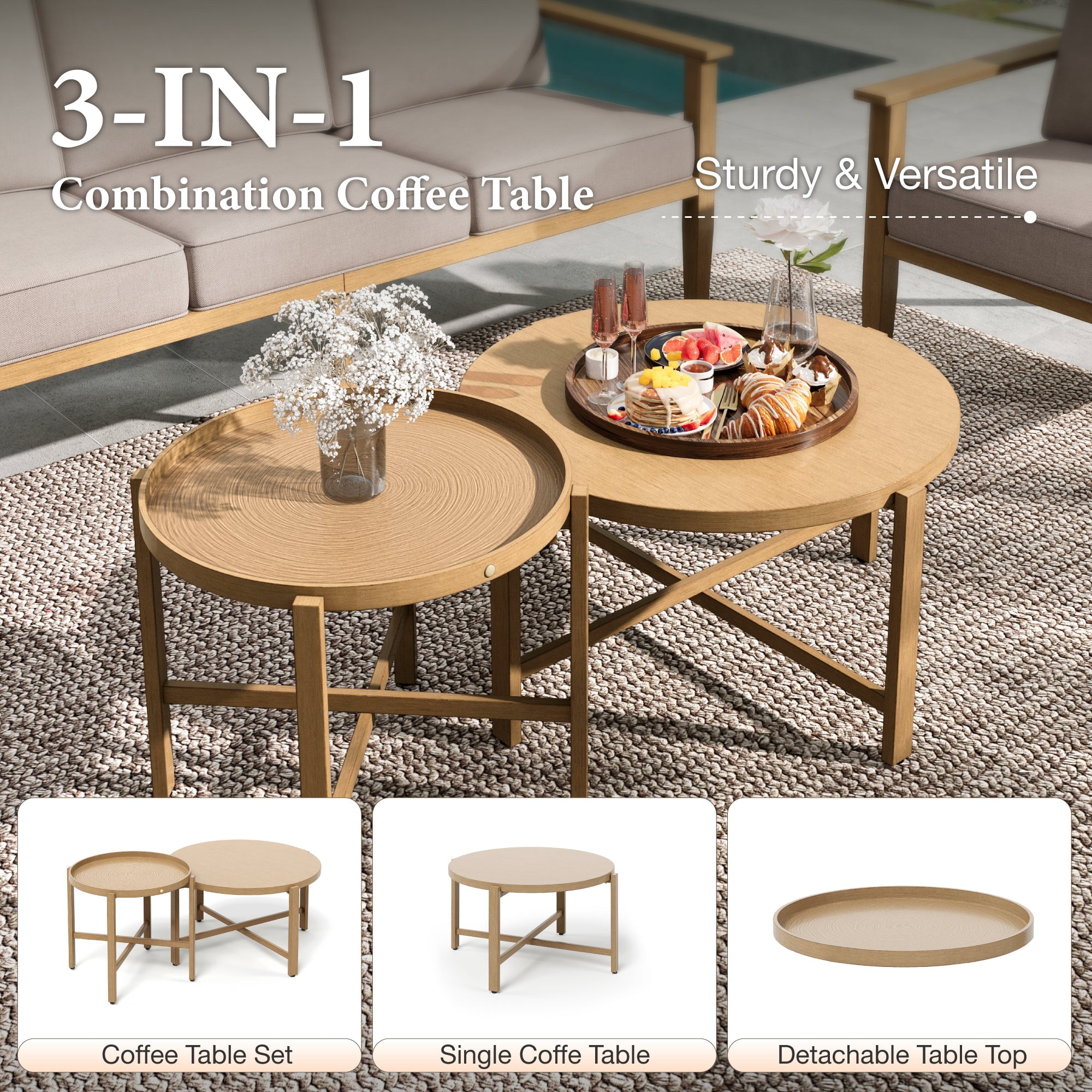 Summit Living 5-Piece Woven Rope Outdoor Patio Furniture Set with Swivel Chairs & 2 Round Nesting Coffee Table, Wood-Grain Metal Outdoor Patio Conversation Set for 5 People, Beige