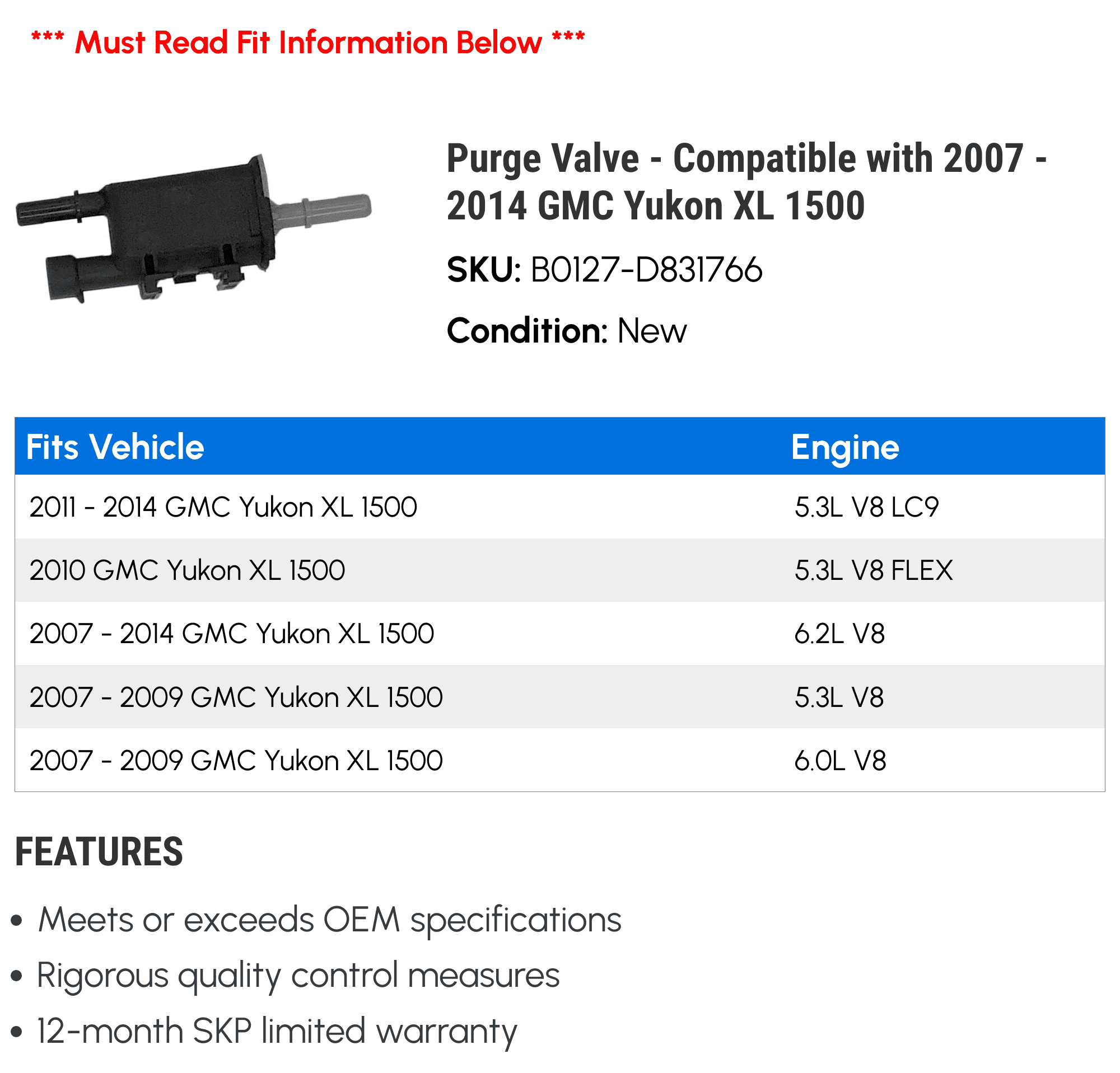 Purge Valve - Compatible with 2007 - 2014 GMC Yukon XL 1500 2008 2009 2010 2011 2012 2013